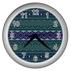 Boho Blue Green  Wall Clock (silver) by SpinnyChairDesigns