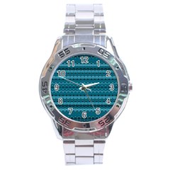 Boho Teal Pattern Stainless Steel Analogue Watch by SpinnyChairDesigns