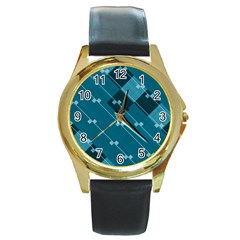 Teal Blue Stripes And Checks Round Gold Metal Watch by SpinnyChairDesigns