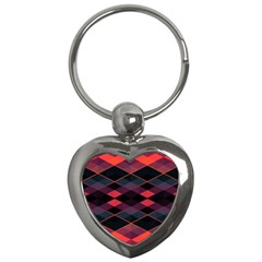 Pink Orange Black Diamond Pattern Key Chain (heart) by SpinnyChairDesigns