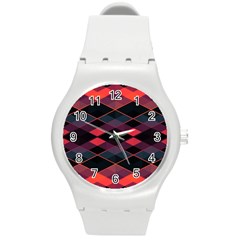 Pink Orange Black Diamond Pattern Round Plastic Sport Watch (m) by SpinnyChairDesigns