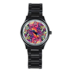 Colorful Boho Abstract Art Stainless Steel Round Watch by SpinnyChairDesigns