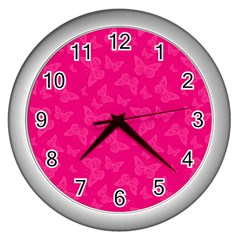 Magenta Pink Butterflies Pattern Wall Clock (silver) by SpinnyChairDesigns