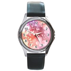 Boho Pastel Pink Floral Print Round Metal Watch