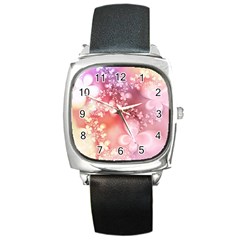 Boho Pastel Pink Floral Print Square Metal Watch