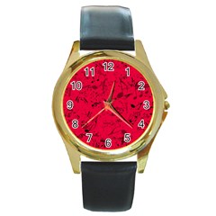 Scarlet Red Music Notes Round Gold Metal Watch by SpinnyChairDesigns