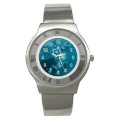 Teal Floral Print Stainless Steel Watch by SpinnyChairDesigns