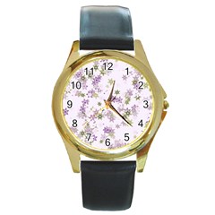 Purple Wildflower Print Round Gold Metal Watch by SpinnyChairDesigns