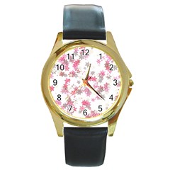 Pink Wildflower Print Round Gold Metal Watch by SpinnyChairDesigns