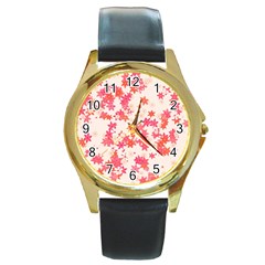 Vermilion And Coral Floral Print Round Gold Metal Watch by SpinnyChairDesigns