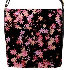 Pink Lilies on Black Flap Closure Messenger Bag (S)