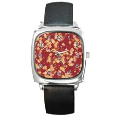 Gold And Tuscan Red Floral Print Square Metal Watch by SpinnyChairDesigns