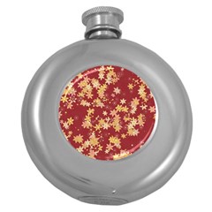 Gold And Tuscan Red Floral Print Round Hip Flask (5 Oz) by SpinnyChairDesigns