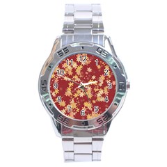 Gold And Tuscan Red Floral Print Stainless Steel Analogue Watch by SpinnyChairDesigns