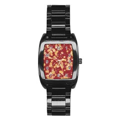 Gold And Tuscan Red Floral Print Stainless Steel Barrel Watch by SpinnyChairDesigns