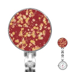 Gold And Tuscan Red Floral Print Stainless Steel Nurses Watch by SpinnyChairDesigns