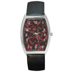 Pink Wine Floral Print Barrel Style Metal Watch by SpinnyChairDesigns