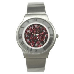 Pink Wine Floral Print Stainless Steel Watch by SpinnyChairDesigns