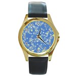 Yellow Flowers on Blue Round Gold Metal Watch Front