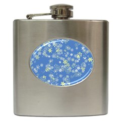 Yellow Flowers On Blue Hip Flask (6 Oz) by SpinnyChairDesigns