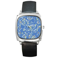 Yellow Flowers On Blue Square Metal Watch by SpinnyChairDesigns