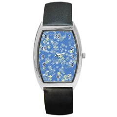 Yellow Flowers On Blue Barrel Style Metal Watch by SpinnyChairDesigns