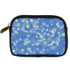 Yellow Flowers On Blue Digital Camera Leather Case by SpinnyChairDesigns