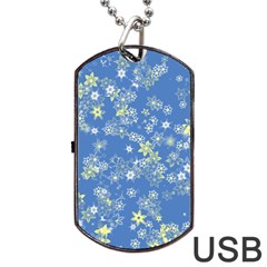 Yellow Flowers On Blue Dog Tag Usb Flash (one Side) by SpinnyChairDesigns