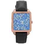 Yellow Flowers on Blue Rose Gold Leather Watch  Front