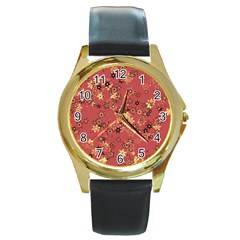 Gold And Rust Floral Print Round Gold Metal Watch by SpinnyChairDesigns