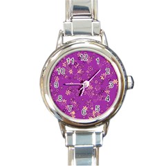Gold Purple Floral Print Round Italian Charm Watch by SpinnyChairDesigns