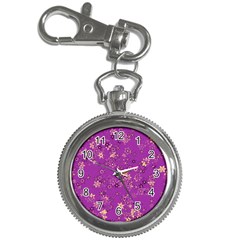 Gold Purple Floral Print Key Chain Watches by SpinnyChairDesigns