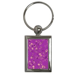 Gold Purple Floral Print Key Chain (rectangle) by SpinnyChairDesigns