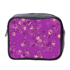 Gold Purple Floral Print Mini Toiletries Bag (two Sides) by SpinnyChairDesigns