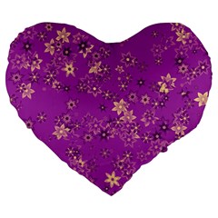 Gold Purple Floral Print Large 19  Premium Heart Shape Cushions by SpinnyChairDesigns