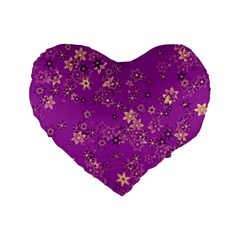 Gold Purple Floral Print Standard 16  Premium Flano Heart Shape Cushions