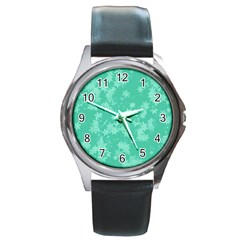 Biscay Green Floral Print Round Metal Watch by SpinnyChairDesigns