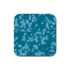 Teal Blue Floral Print Rubber Coaster (square)  by SpinnyChairDesigns