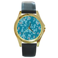 Teal Blue Floral Print Round Gold Metal Watch by SpinnyChairDesigns