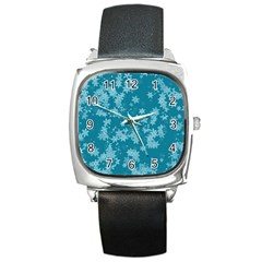 Teal Blue Floral Print Square Metal Watch by SpinnyChairDesigns