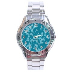 Teal Blue Floral Print Stainless Steel Analogue Watch by SpinnyChairDesigns