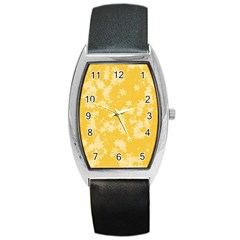 Saffron Yellow Floral Print Barrel Style Metal Watch by SpinnyChairDesigns