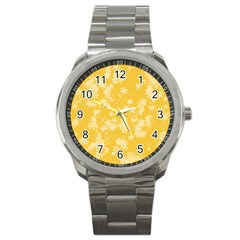 Saffron Yellow Floral Print Sport Metal Watch by SpinnyChairDesigns