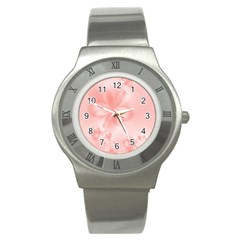 Pastel Coral Floral Print Stainless Steel Watch by SpinnyChairDesigns