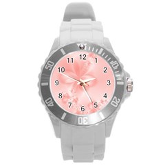 Pastel Coral Floral Print Round Plastic Sport Watch (l) by SpinnyChairDesigns