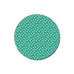 Biscay Green White Floral Print Rubber Coaster (round)  by SpinnyChairDesigns