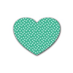 Biscay Green White Floral Print Rubber Coaster (heart)  by SpinnyChairDesigns