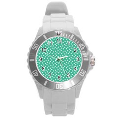 Biscay Green White Floral Print Round Plastic Sport Watch (l) by SpinnyChairDesigns