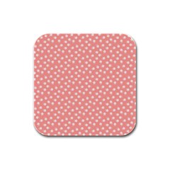 Coral Pink White Floral Print Rubber Square Coaster (4 Pack)  by SpinnyChairDesigns