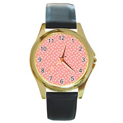 Coral Pink White Floral Print Round Gold Metal Watch by SpinnyChairDesigns